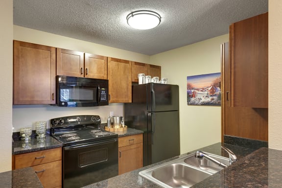 a kitchen with stainless steel appliances and wooden cabinets  at Regency Woods, Minnetonka, MN, 55305