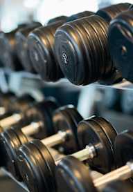 A set of dumbbells are lined up on a rack.