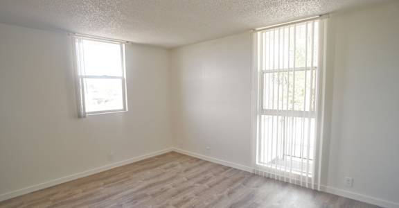 A room with wooden flooring and two windows.