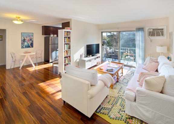 A living room with a couch and a wooden floor.