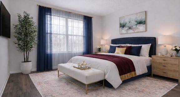 A bedroom with a large bed, a small table, and a potted plant.