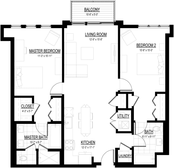 2 Bed 2 Bath T Floor Plan 2 Bed 2 Bath T Floor Plan at Courthouse Square Apartments, Illinois