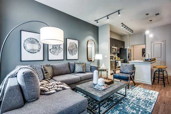A grey couch with a grey and white rug in front of it.