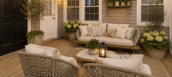 A cozy outdoor seating area with a couch, chairs, and string lights.