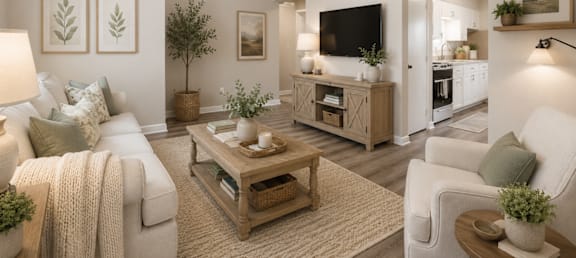 A living room with a white couch, a wooden coffee table, and a flat-screen TV mounted on the wall.