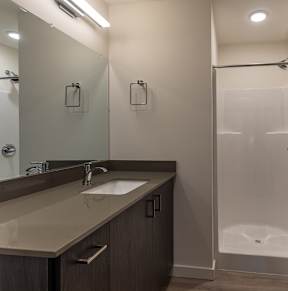 Modern bathroom with walk in shower and vanity at Kaya Camilla, Portland