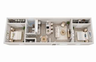 A 3D floor plan of a small apartment with a kitchen, living room, and bathroom.