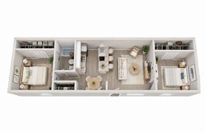 A 3D floor plan of a small apartment with a kitchen, living room, and bathroom.