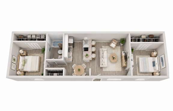 A 3D floor plan of a small apartment with a kitchen, living room, and bathroom.