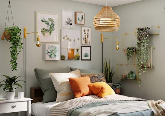 A bedroom with a bed, a nightstand, and a window.