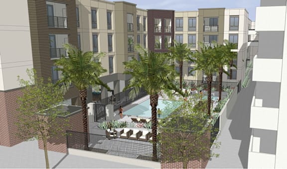 a rendering of an apartment building with a pool and palm trees