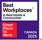 A purple and white sign that says Best Workplaces in Real Estate & Construction.