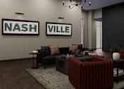 Thumbnail 1 of 6 - A living room with a green couch, a red couch, and a coffee table.