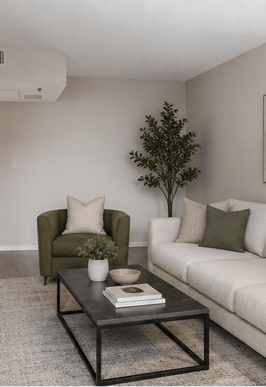 A modern living room with a white couch, a black coffee table, and a flat-screen TV.