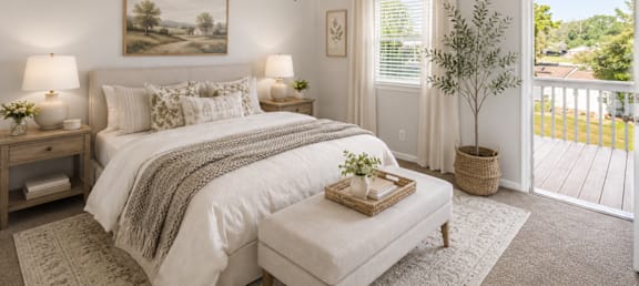 A bedroom with a large bed, a ceiling fan, and a view of the backyard through the window.