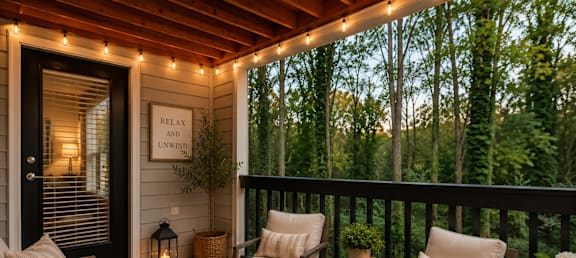 A cozy outdoor patio with a couch, chairs, and lanterns.