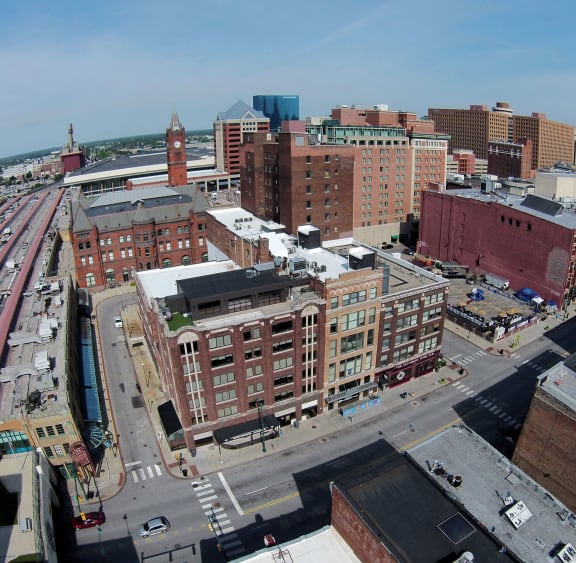Building view from air at Janus Lofts, Managed by Buckingham Urban Living, 255 S. McCrea Street, IN