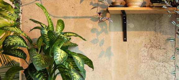 a living room with a green chair and a table with a plant on it