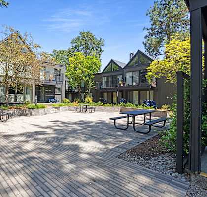 A sunny day at a courtyard with wooden benches and buildings in the background.