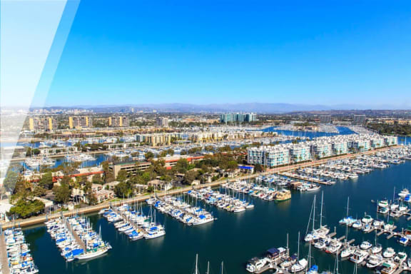 Aerial view of yachts in slips at our Esprit property at E&S Ring Management Corporation in Los Angeles, California