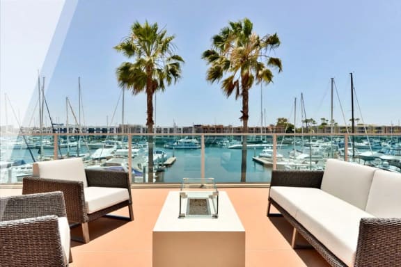 Lounge area overlooking the marina at our Esprit property at E&S Ring Management Corporation in Los Angeles, California