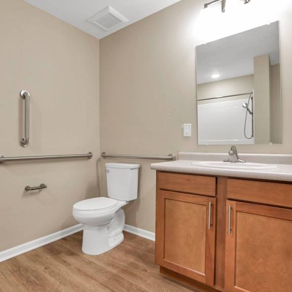 A white toilet sits in a bathroom with a wooden cabinet and a mirror.