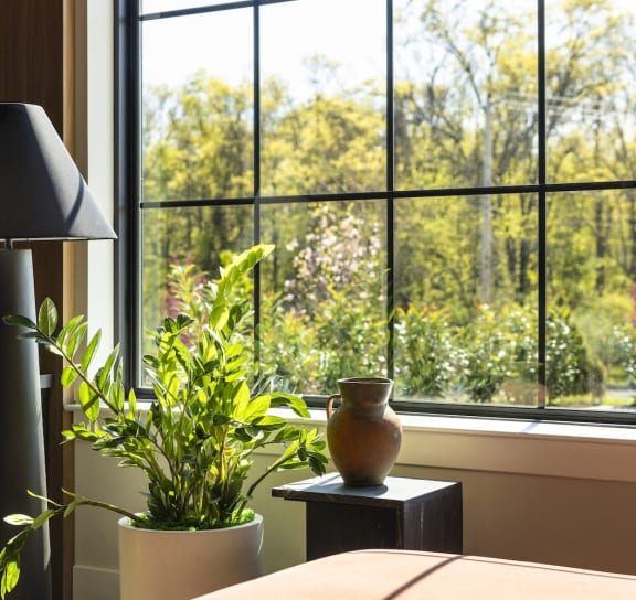 a table with a lamp and a plant in front of a window
