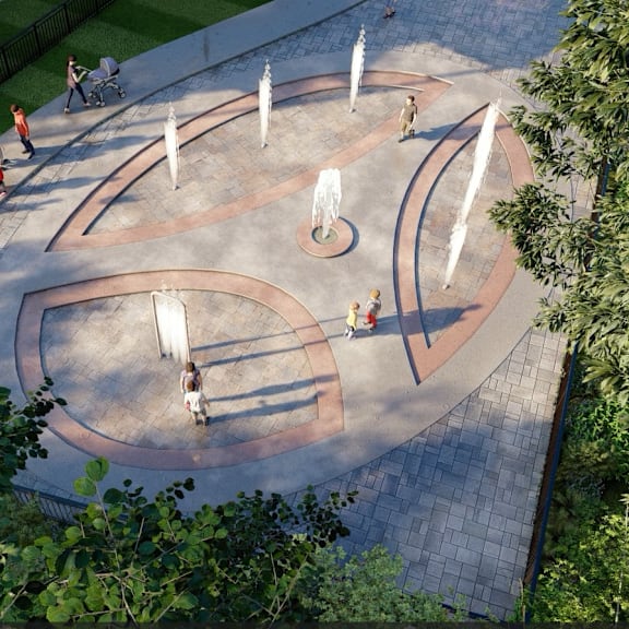 A playground with a slide, swings, and a basketball court.