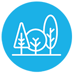 A white line drawing of three trees on a blue background.