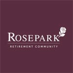 a rose park retirement community logo on a purple background