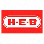 a red and white logo with the letters h e b
