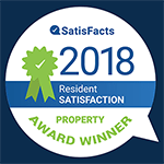 a blue background with a white speech bubble with the 2018 resident satisfaction award and a green c