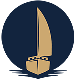 A sailboat is depicted in a simple, stylized form against a dark blue background.