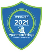 a blue and green shield with the words top rated 2021 apartment ratings