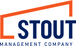 A logo with the word "STOUT" in white with a black outline and a red line underneath it.