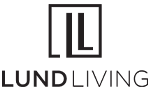 A black and white image of a logo with the words "LUND LIVING".