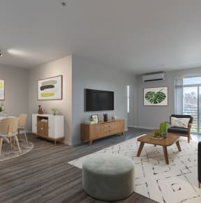 a living room and dining area in a 555 waverly unit