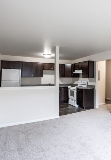 a renovated living room and kitchen with white carpet and black cabinets