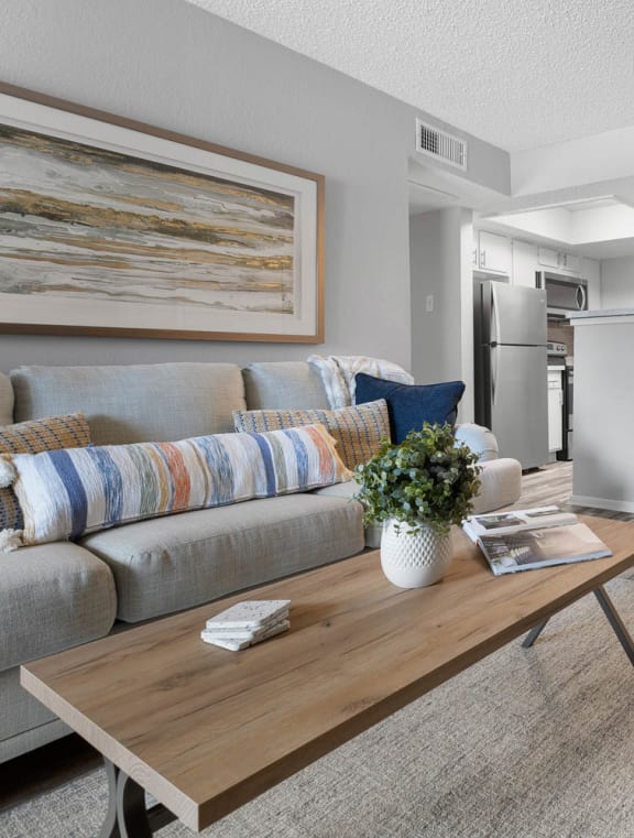 our apartments offer a living room with a couch a coffee table and a dining table