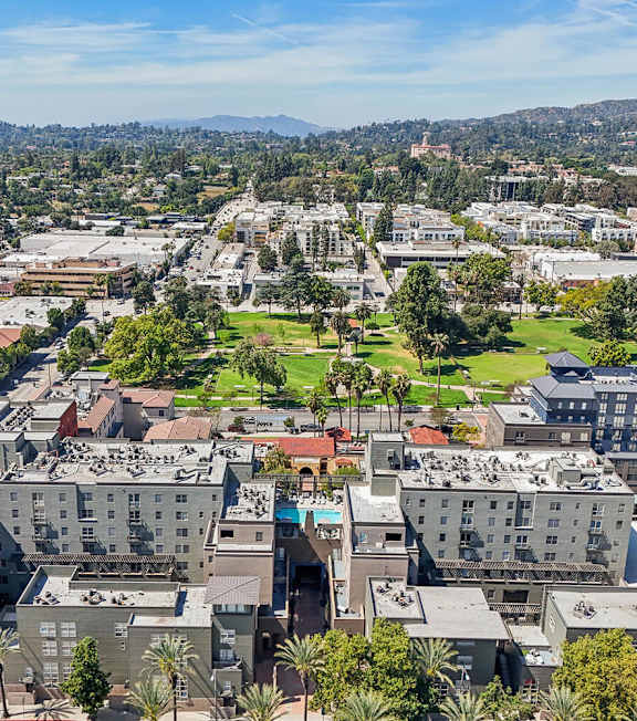 Aerial view of building at Haven at Del Mar Station Apartments in Pasadena CA