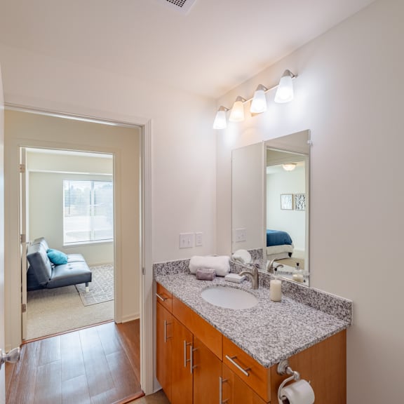 a bathroom with a granite counter top and a large mirror