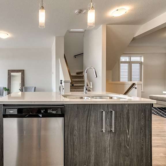 A modern kitchen with a stainless steel dishwasher and wooden cabinets.