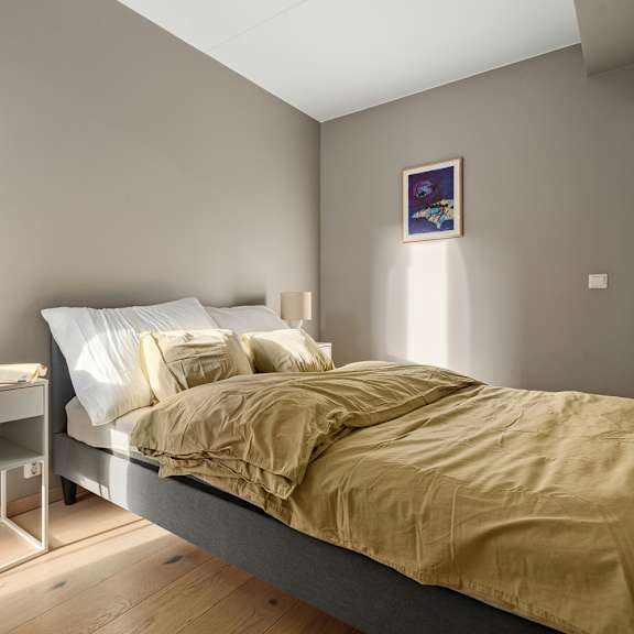 A bedroom with a bed, nightstand, and a plant.