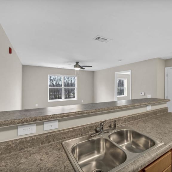 a kitchen with a sink and a counter top