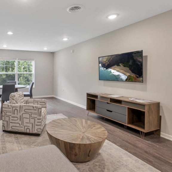 a living room with a couch and a table