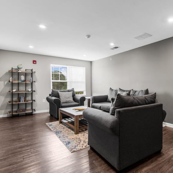 a living room with couches and a coffee table