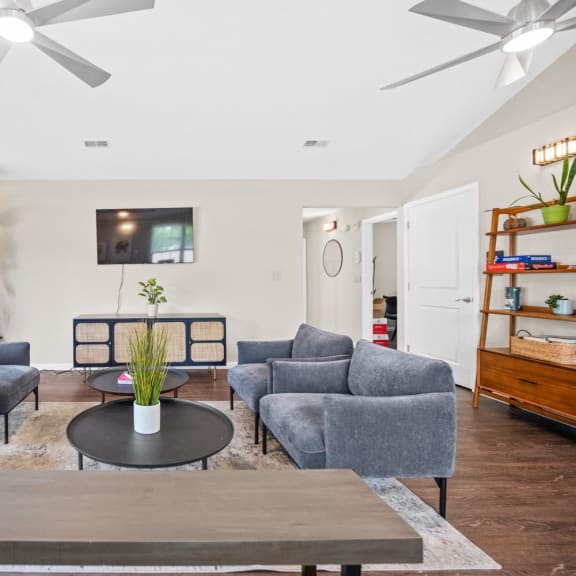 a living room with couches and a coffee table