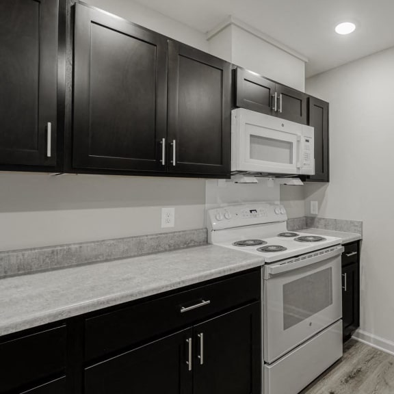 a kitchen with white appliances and black cabinets