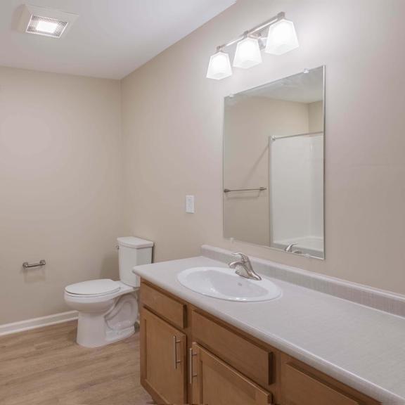 A bathroom with a toilet, sink, mirror, and a shower.