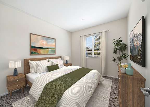A bedroom with a large bed and a painting on the wall.